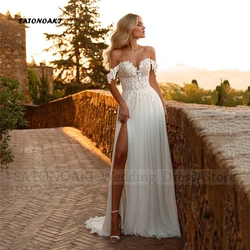 Vestido De Novia De gasa De encaje bohemio con hombros descubiertos para mujer, elegante Vestido De Novia con abertura lateral, línea A