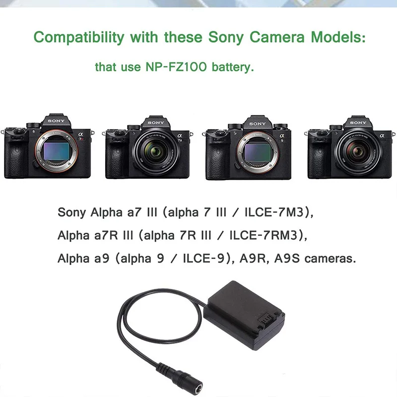 NP-FZ100แบตเตอรี่เลียนแบบ DC Coupler + อะแดปเตอร์ USB สำหรับ Sony BC-QZ1และ Alpha A7 III,a7R III, A9, A9R, A9S กล้อง