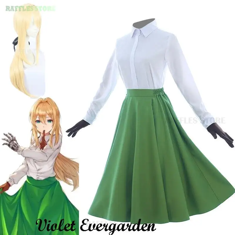 Violet Evergarden Cosplay Customized Green Suit Wigs Elegant Anime Cosplay Dress Wig Shoes Halloween Carnival Prom Skirt Party
