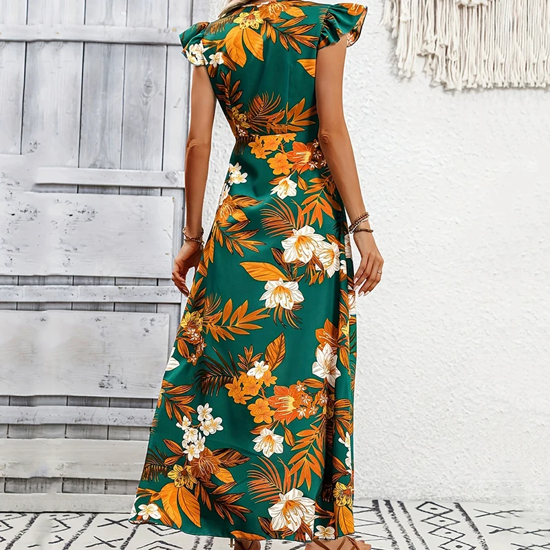 Styl plażowy drukuj średniej długości sukienka moda damska rozcięcie dekolt w serek sukienki o nieregularnym kroju kobieta 2025 elegancki rękaw motylkowy długa sukienka kobieta