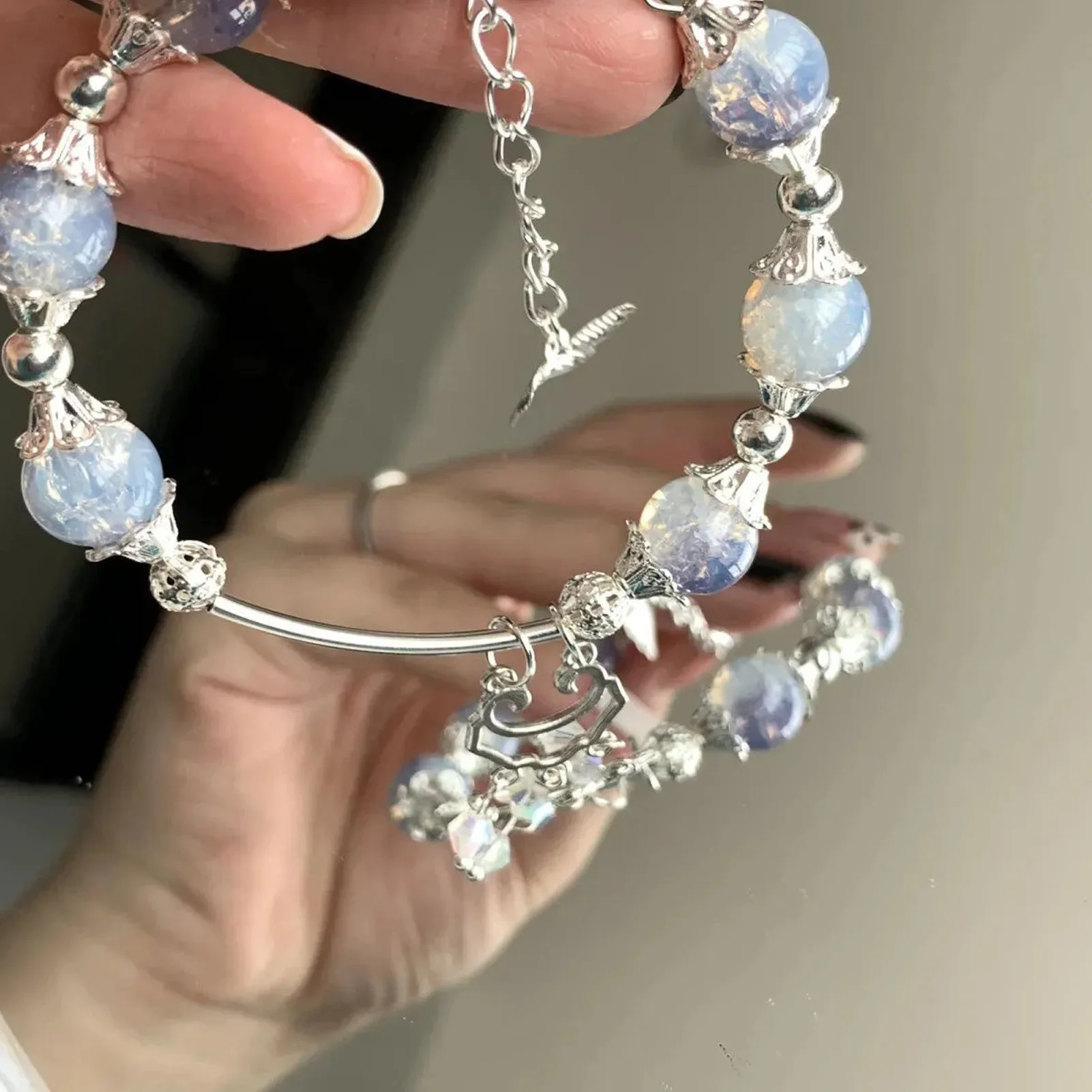 블루 버터플라이 윈드 차임 팔찌 조절 가능한 합금 뱅글 여성 소녀 선물용