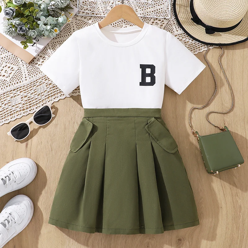 

Модный комплект для девочек 8-12 лет: топ с коротким рукавом и круглым вырезом, юбка А-силуэта с эластичной талией, мягкий и универсальный, для школы и повседневной носки.