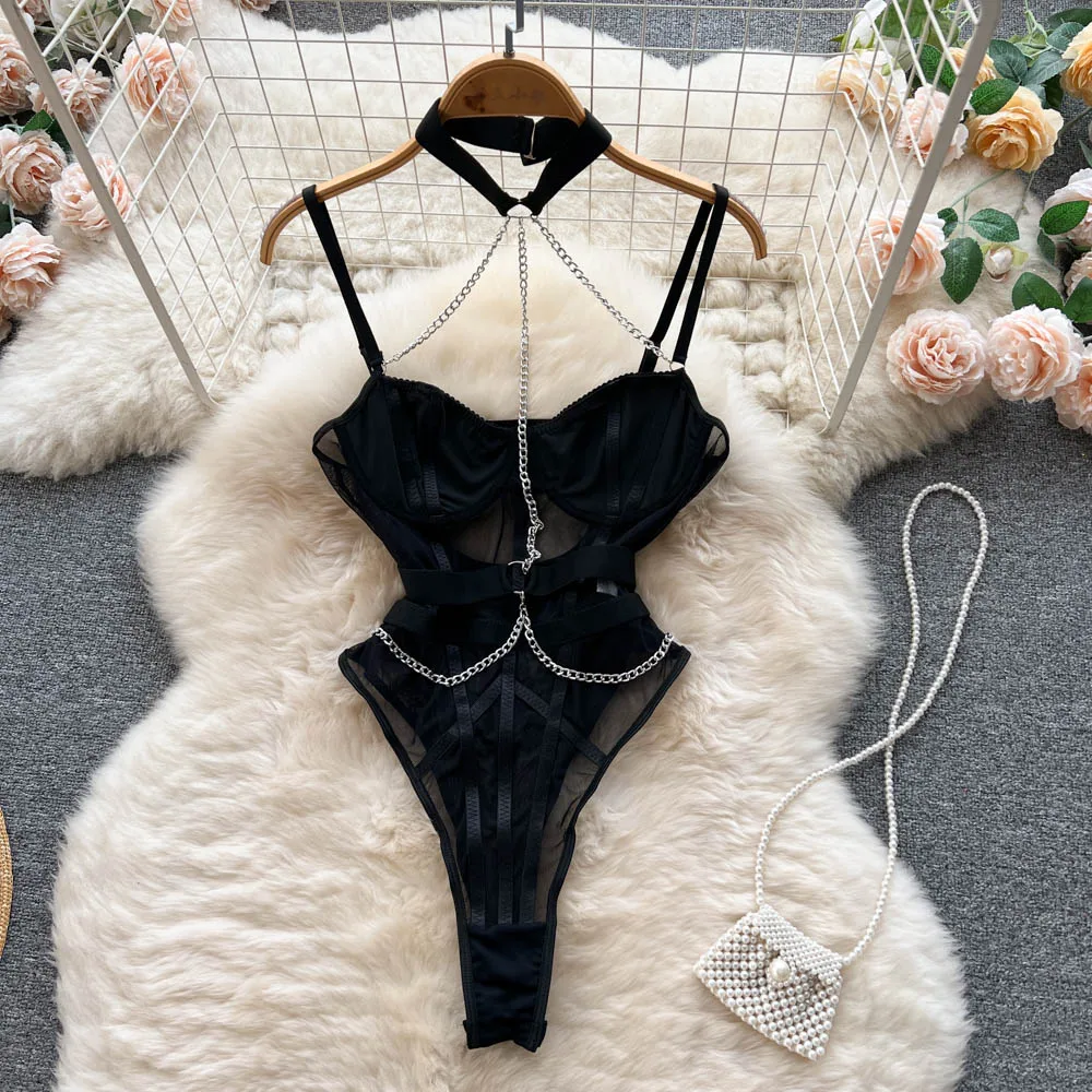 

Sexy Women Chain Strappy Bodysuits Fashion Chic Streetwear Catsuit Combination Lingerie Halter Mesh Combination Rompers