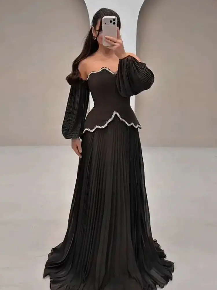 Eightale avondjurk strapless plooien chiffon sexy kralen op maat gemaakte a-lijn zwart sexy lange mouwen prom bruiloft feestjurk - afbeelding 2