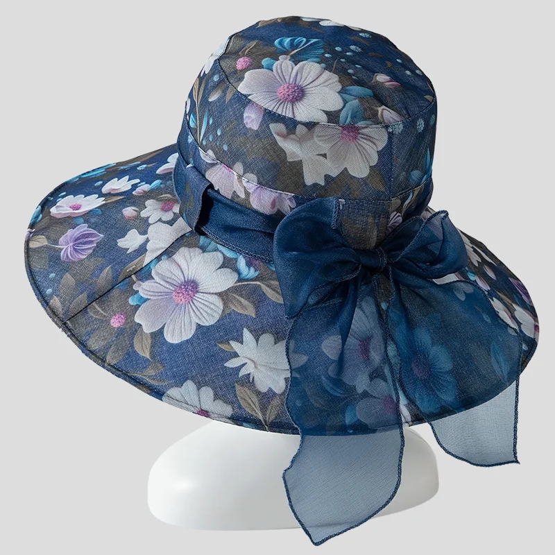 

Women's Elegant Sun Hat Adjustable Chin Strap UV Protection Wide Brim Beach Hat with Floral Decor for Outdoor Holiday