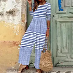 Macacão listrado de cintura alta para mulheres, macacão de perna larga combinando, traje feminino de outono, macacão colorido