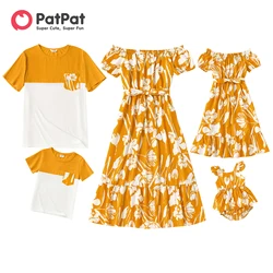 PatPat Family Matching Outfits Cotton Short-sleeve Colorblock T-shirts and Floral Print Off Shoulder Belted Dresses Sets