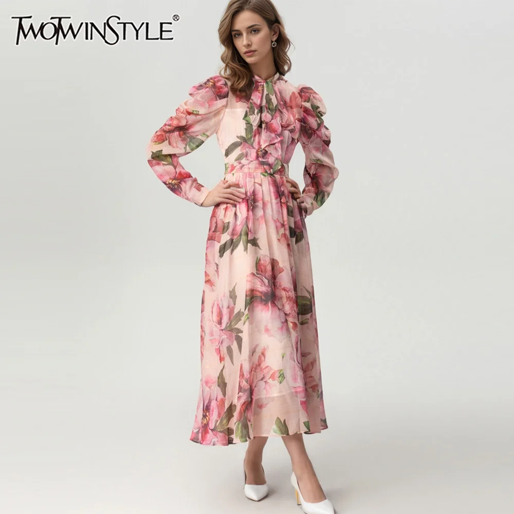 

GYMAMAZES Printing Formal Dresses For Women Round Neck High Waist Loose Fashion Summer A Line Maxi Dress Female New KDR509315