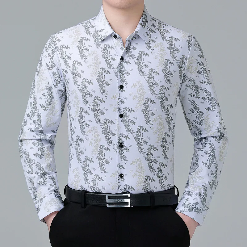 Men Long-sleeved Shirt Spring Autumn Business Casual Middle-aged Shirt Silk Pattern Top