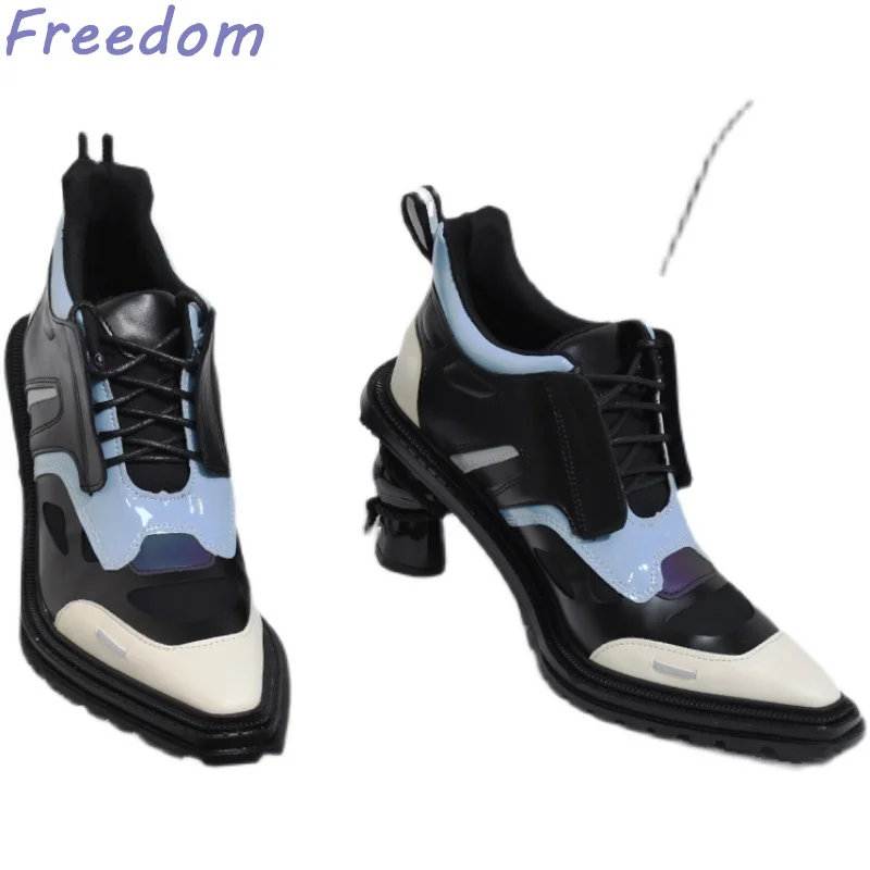 Niche reflective color blocking alien heel single shoes female summer new lace up fashion street shoot women's shoes high heels