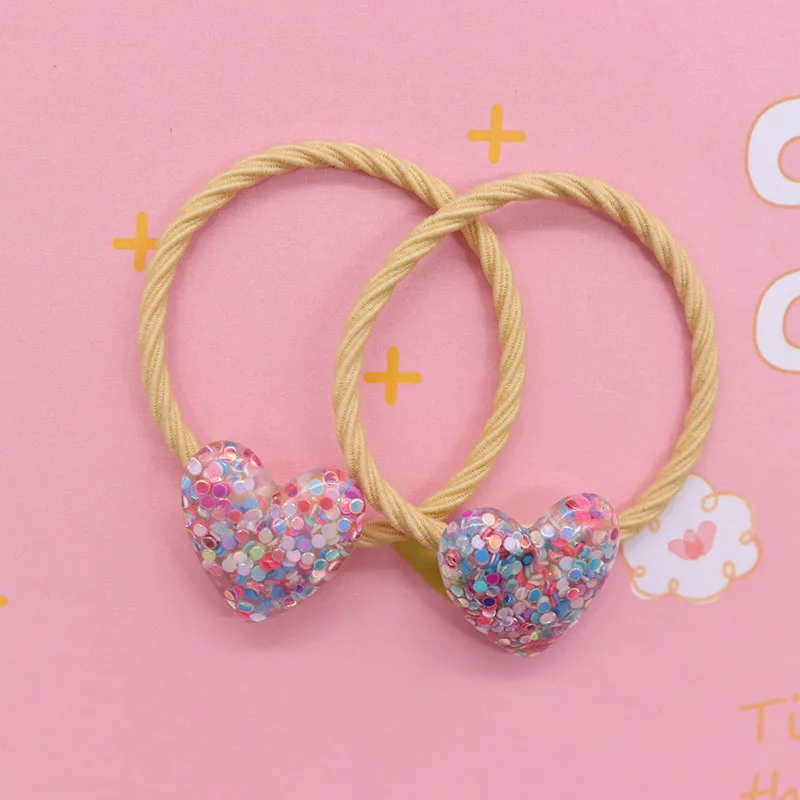 2Pcs/Set Glittering Love Resin Children\'s Rubber Bands Sweet Hair Accessories Baby Headband Kid Ponytail Holder Scrunchie