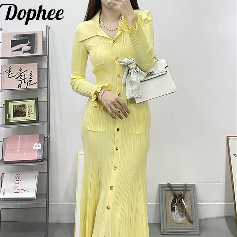 High Quality Spring Summer All-match Butter Yellow Women Knitted Dress Elegant V-neck Single-breasted Petal Sleeve Maxi Dresses