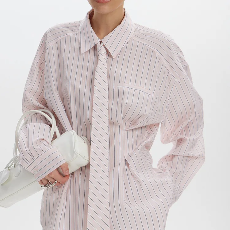 

Autumn Spring Elegant Classic Blouse Collared Top Tie Waist-Defining Design Blouse Women's Fashion Loose Striped Print Shirt
