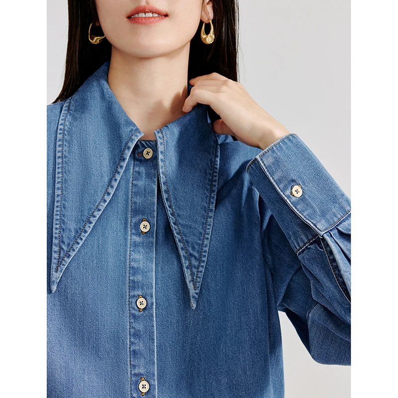 INMAN vintage pointy collar Denim Shirts 2024 Autumn women's blouses  long-sleeved loose tops