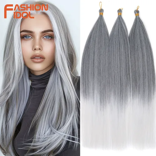 Mechones de pelo de poni liso Ariel de 28 "", 3 uds., trenzas de ganchillo, pelo trenzado sintético, extensiones de cabello de ganchillo gris plateado ombré