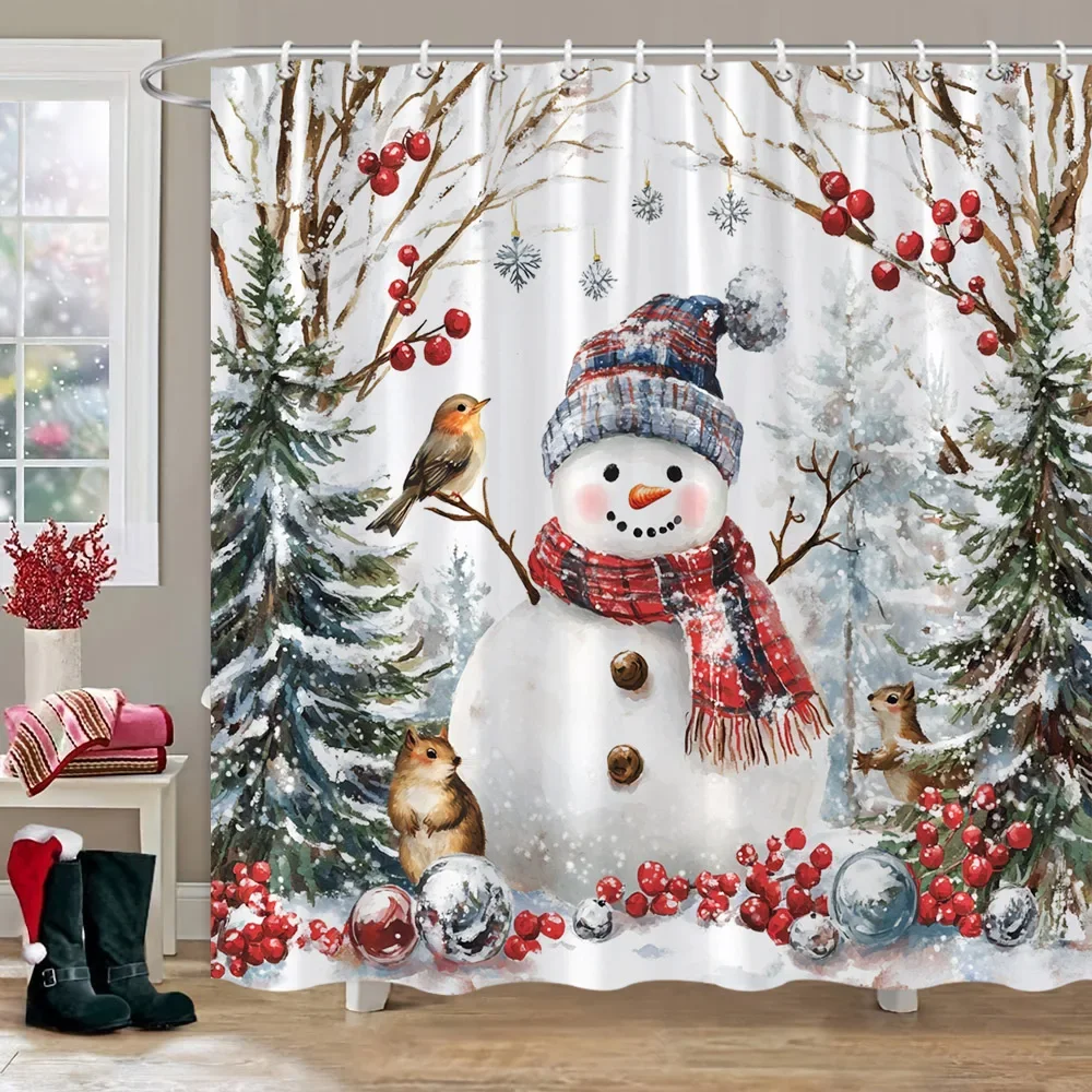 Christmas Cute Snowman Shower Curtain Christmas Tree Snow Scene Red Bird Christmas Gift Shower Curtain Bathroom Decor with Hooks