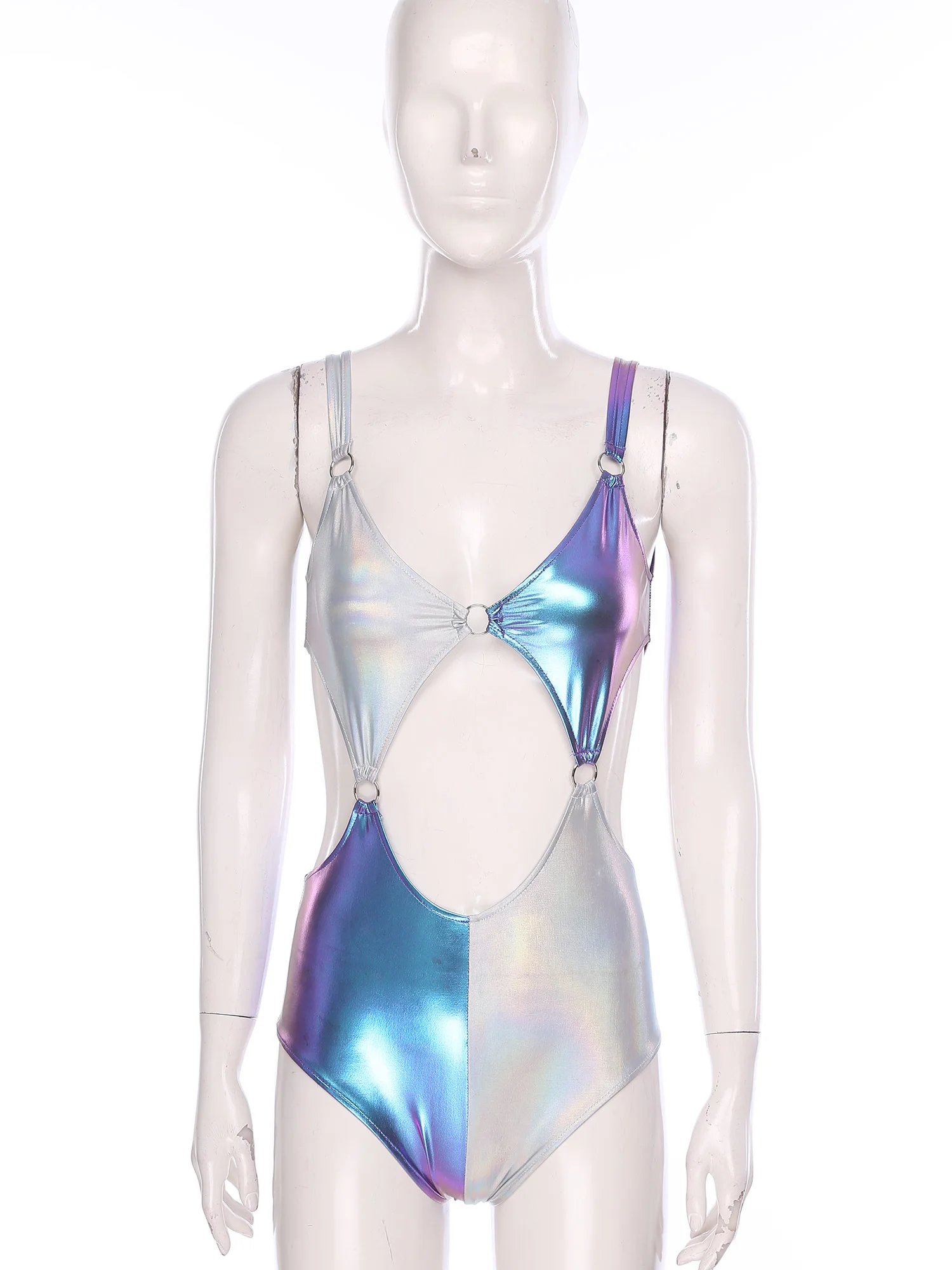 ผู้หญิงโลหะชุดว่ายน้ําContrastสีBodysuitชุดว่ายน้ําHollow Out O-แหวนเชื่อมโยงสลิงLeotards One Piece Clubwear