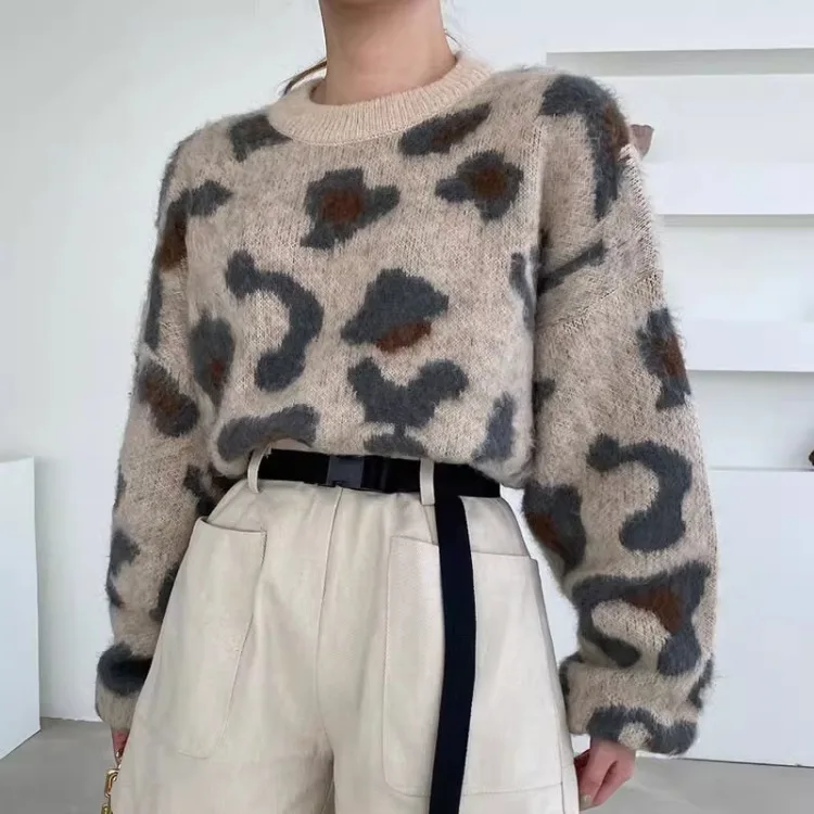 Vintage All-match O-neck Leopard Print Pullovers Y2k Long Sleeve Sweaters Mujer+ Knitted Shawl Autumn New Two Piece Sets