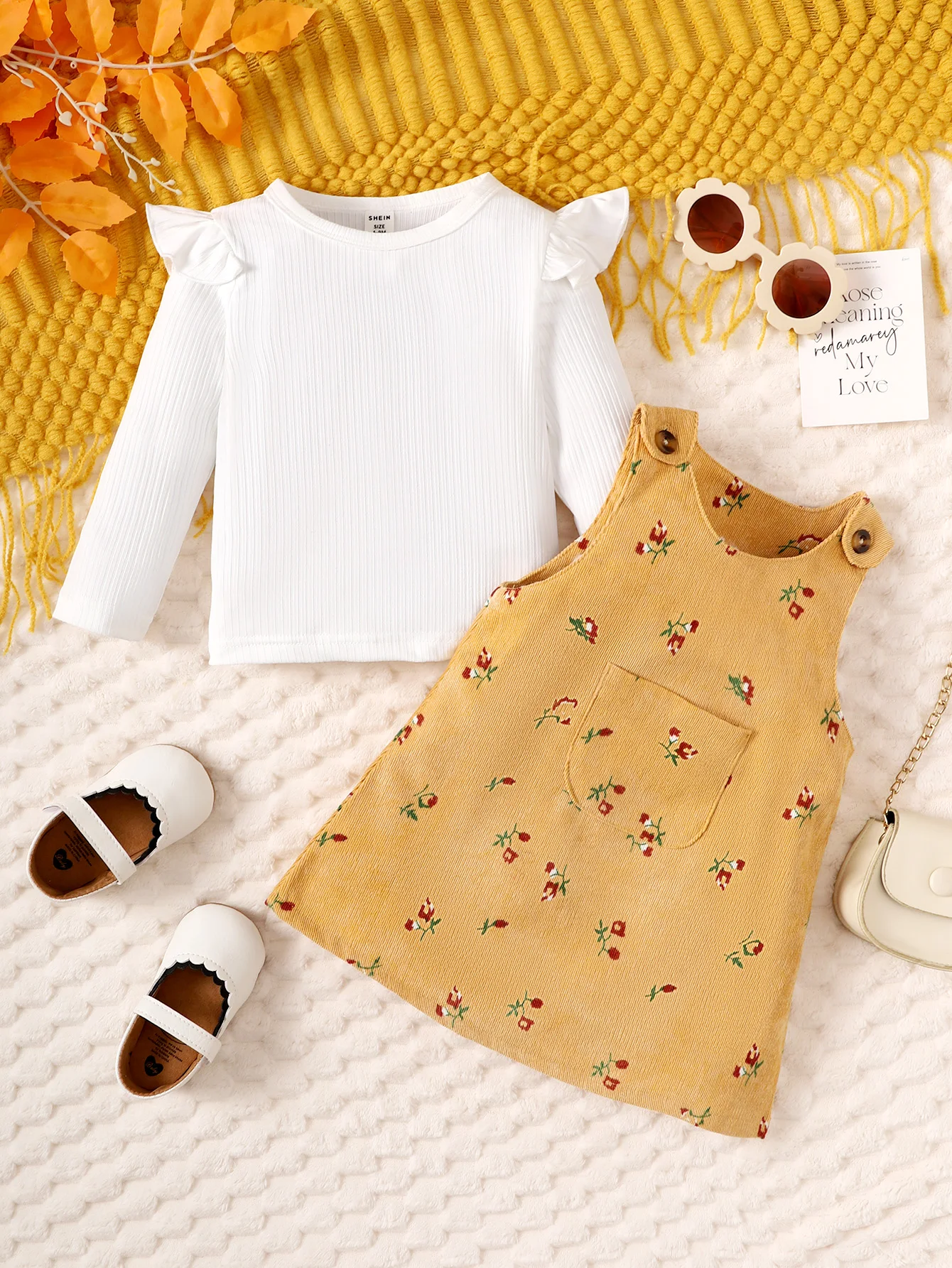 Spring And Autumn Girls Baby Long Sleeve Personality Round Neck Blouse Flower Print Pocket Yellow Sleeveless Dress Set