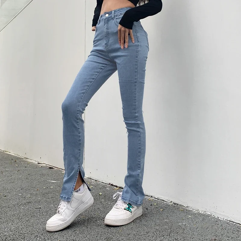 2024 Spring and Autumn Chic High Waist Blue Denim Pants Small Split Slim Thin Flared Jeans Casual Pencil Tight Skinny Trousers