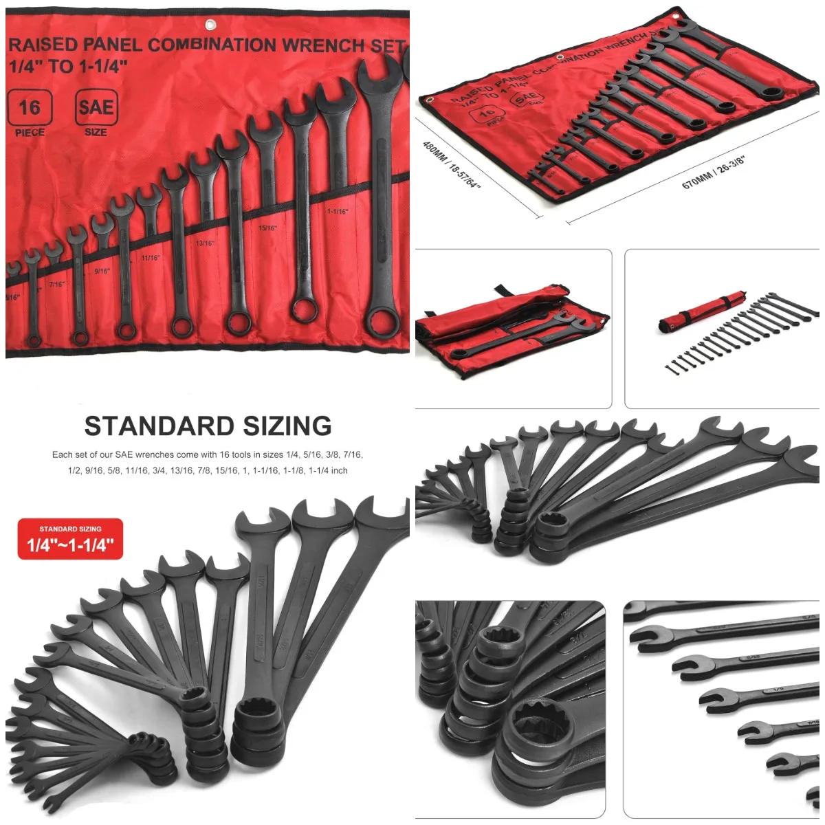 

16 Piece SAE Combination Wrench Set, 1/4' to 1-1/4' SAE Wrench Set with Roll Up Pouch