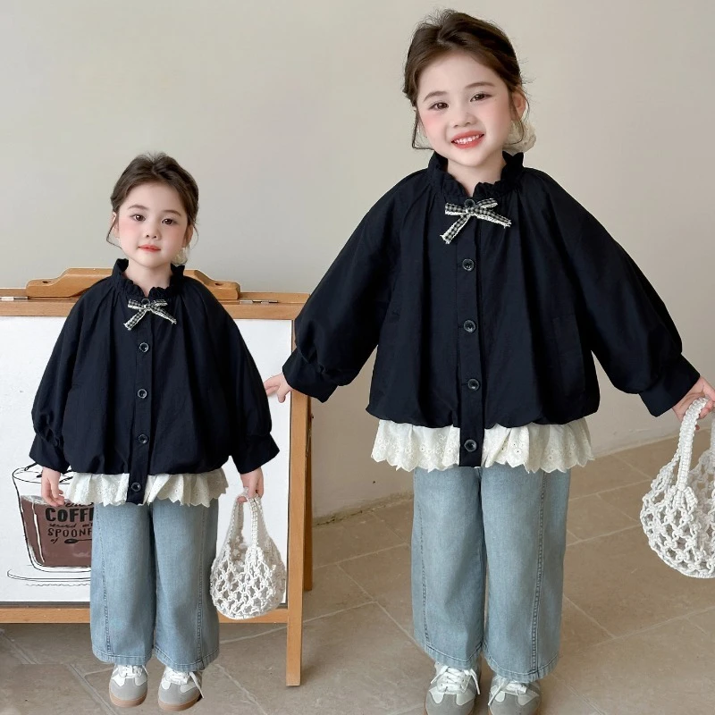 

Кружевные пальто с бантом для девочек, модная куртка для маленьких детей, топ, детский повседневный кардиган, пальто, весна-осень, новинка 2023 года