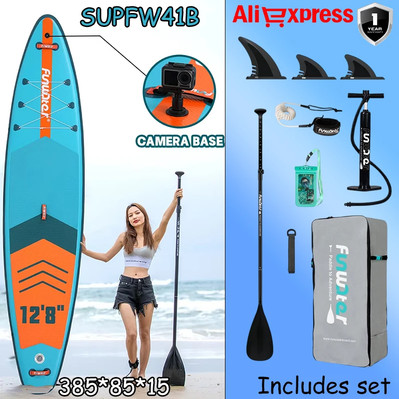 Funwater SUPFW41B Planche à pagaie gonflable ultra-légère 385*85*15cm, en PVC, pour sports nautiques adultes, yoga, pêche, voyage, surf en mer, antidérapante