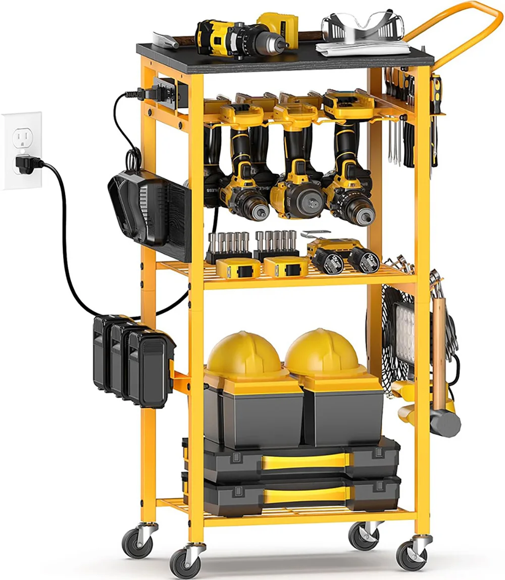4-Tier Tool Organizer Cart Floor Stand Rolling Drill Holder,Tool Battery Storage Rack on Wheels,Workshop Floor Move Storage Cart