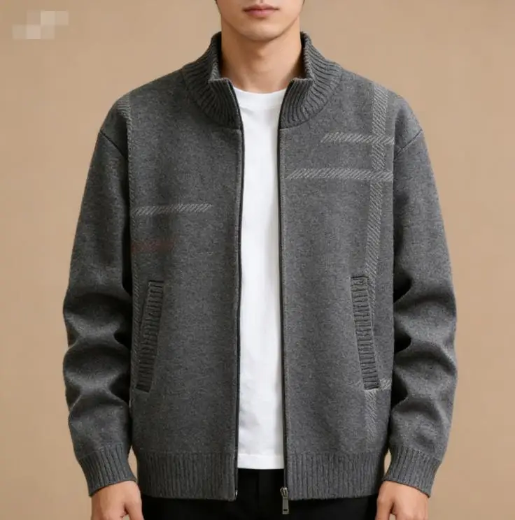 Autumn and Winter Simple Commuting Pure Color Korean Version with Thick Velvet Stand Up Collar Knitted Jacket for Men