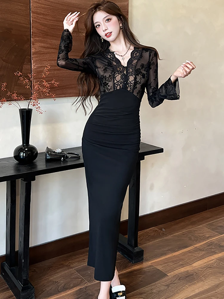 Autumn Winter Black Patchwork Lace Jacquard V-Neck Sexy Dress Women Elegant Luxury Long Dress 2025 Korean Bodycon Evening Dress