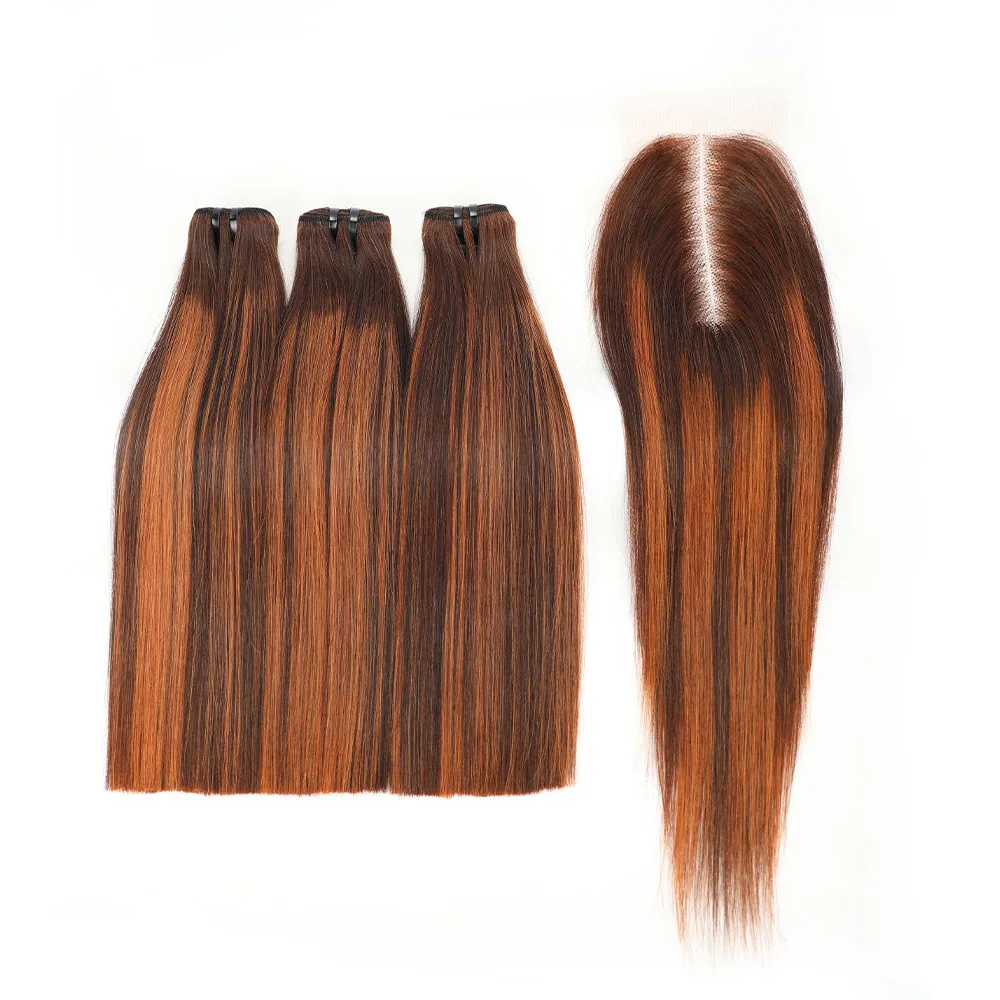 

Super Double Draw Bone Straight Human Hair Bundles with Closure HD 2x6 Lace Kim K Honey Brown Color Vietnam Raw Hair Bundles