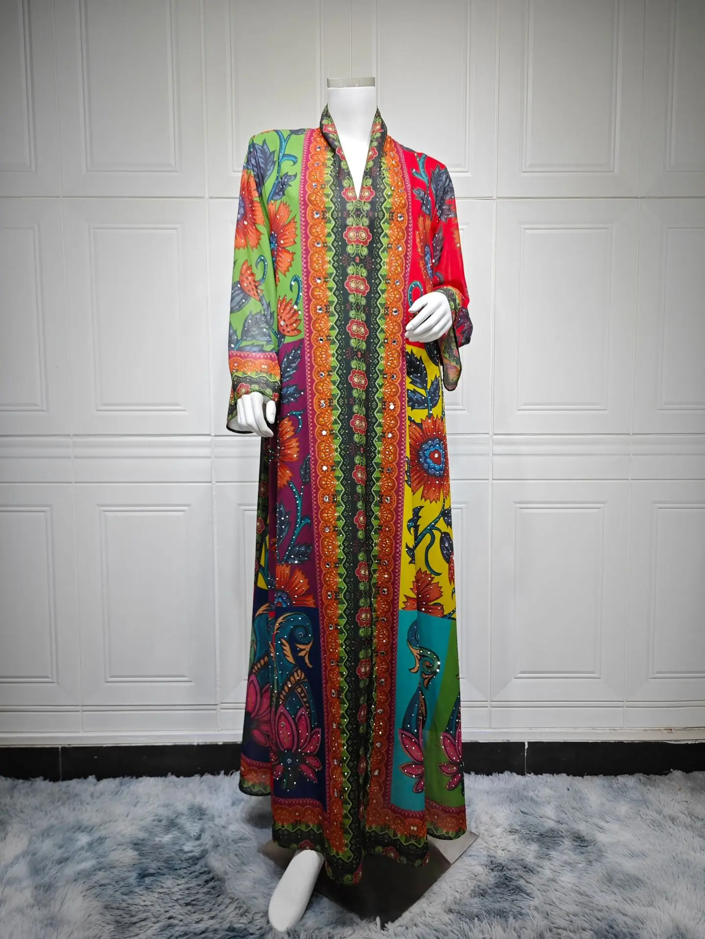 

Дубайские платья-абайи с цветочным принтом и стразами для женщин, гала-кафтан, марокканский стиль, женский