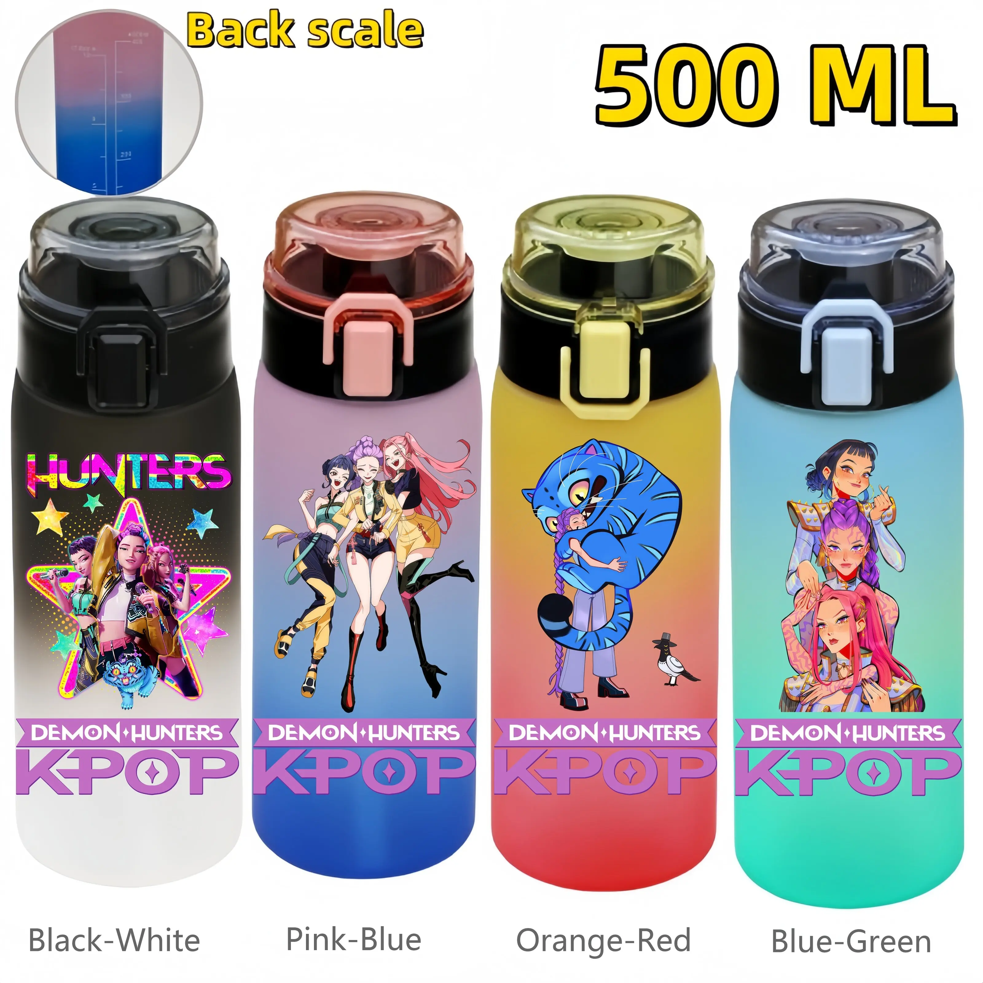 

500ML KPop Demon Hunters Gradient Color Sports Water Bottle with Water Level Line Marker Leak-proof Portable Outdoor Sport Cup