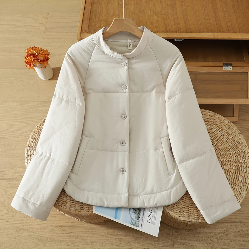 Women's Thickened Hanflax Cotton Jacket Single-Button Retro Artistic Winter Outerwear Pure Color Button up Cardigan