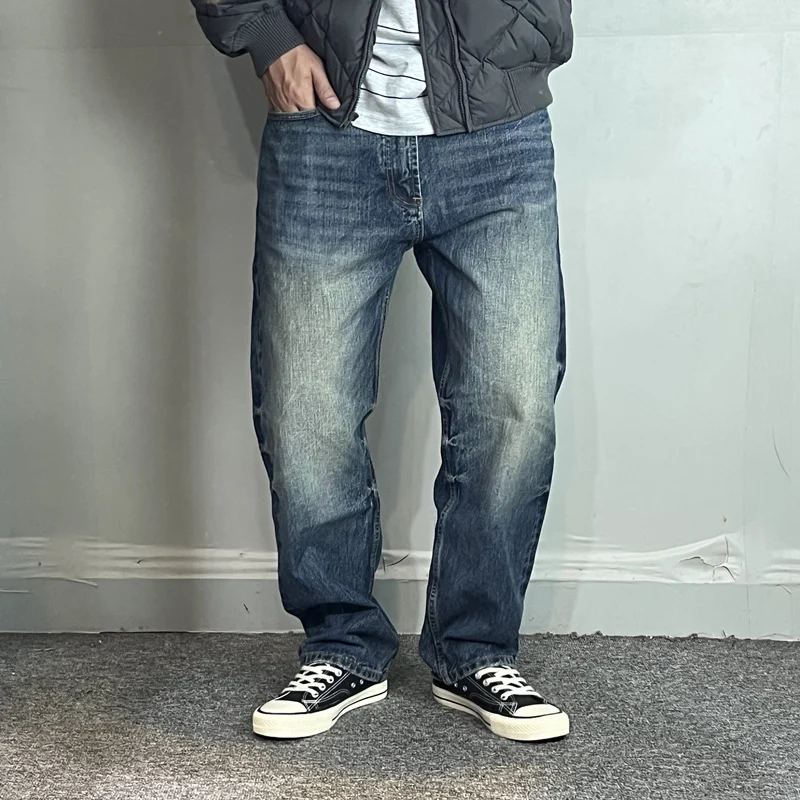 

high-end narrow red denim heavy loose straight leg jeans men's cotton vintage wash old