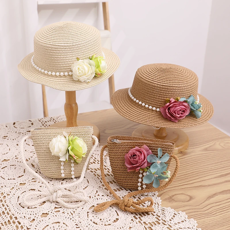 French Elegant Retro Summer Straw Hat Bag Set for Women and Girls Pearl Floral Hat Mom Kid Holiday Outdoor Travel Beach Sun Hat