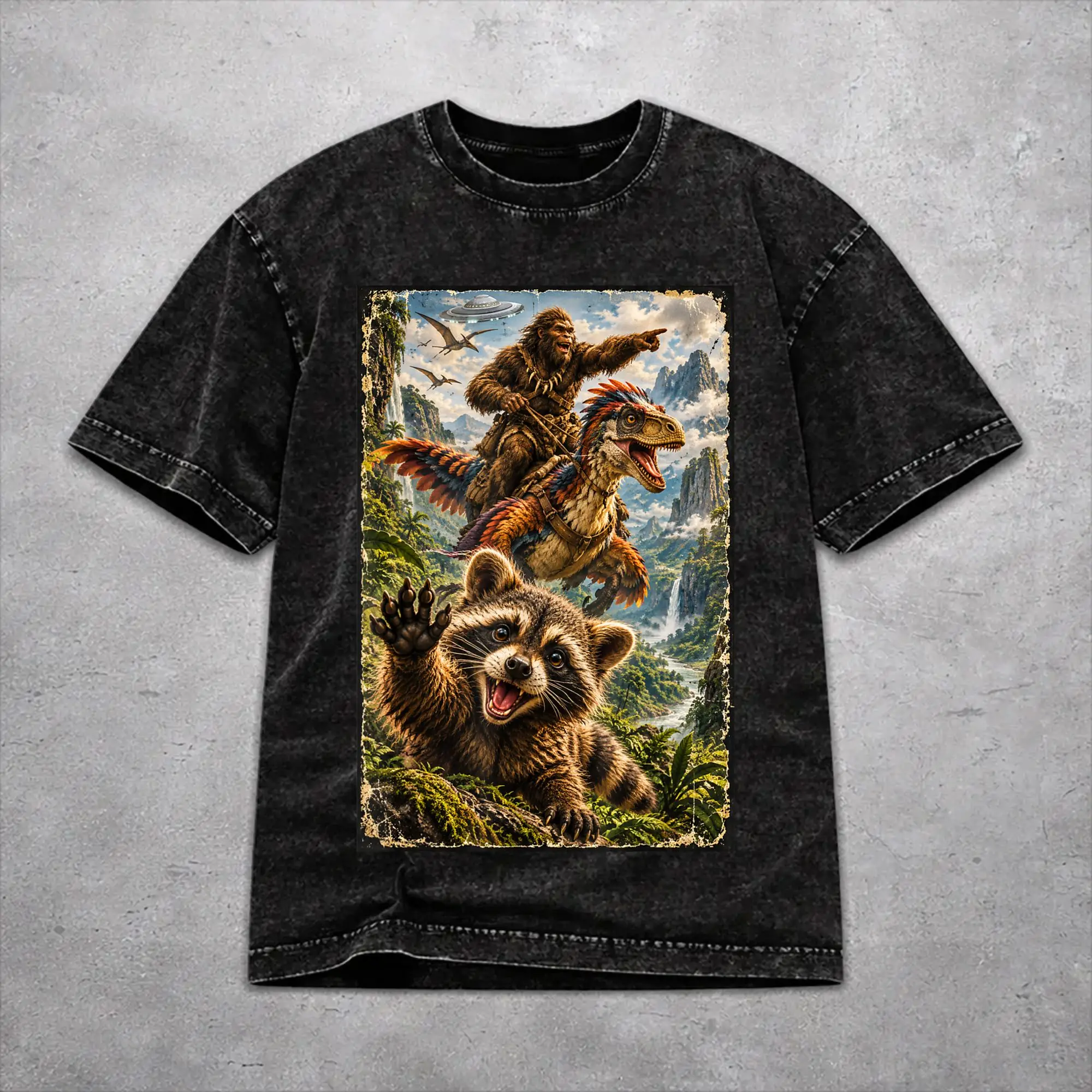 Men Women Vintage Washed T-shirts Funny Bigfoot Ride Dinosaur Raccoon Print T Shirt Accessories Oversize  Tees Tops