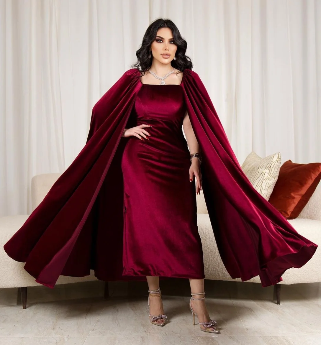 

Customized Short Burgundy Velvet Evening Dresses Square Neck Mermaid Ankle Length Prom Dresses for Women