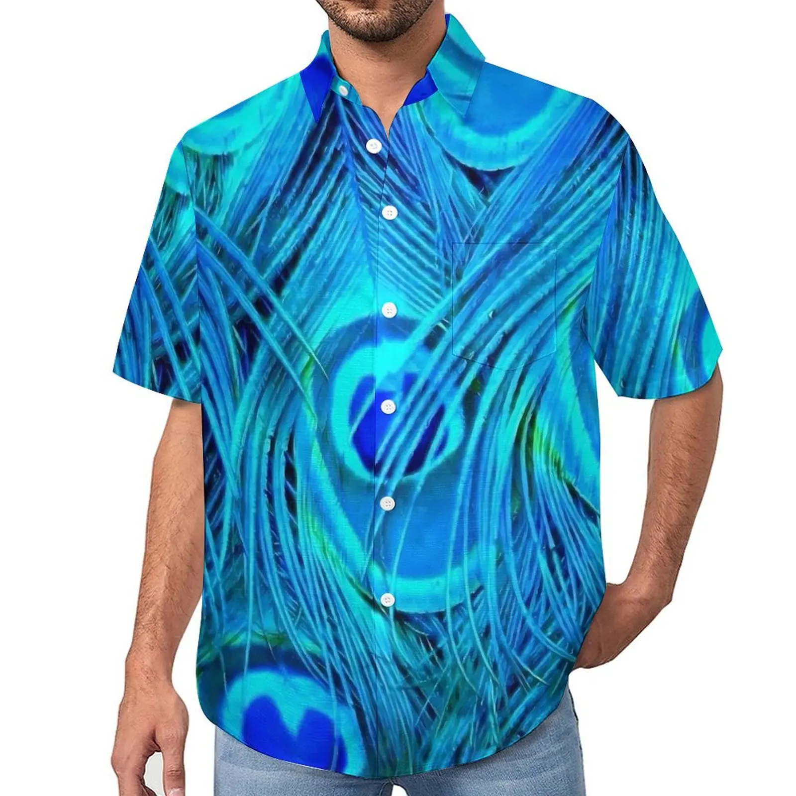 

Peacock Feather Design Blouses Mens Blue Animal Casual Shirts Hawaiian Short-Sleeve Graphic Streetwear Oversize Beach Shirt Gift