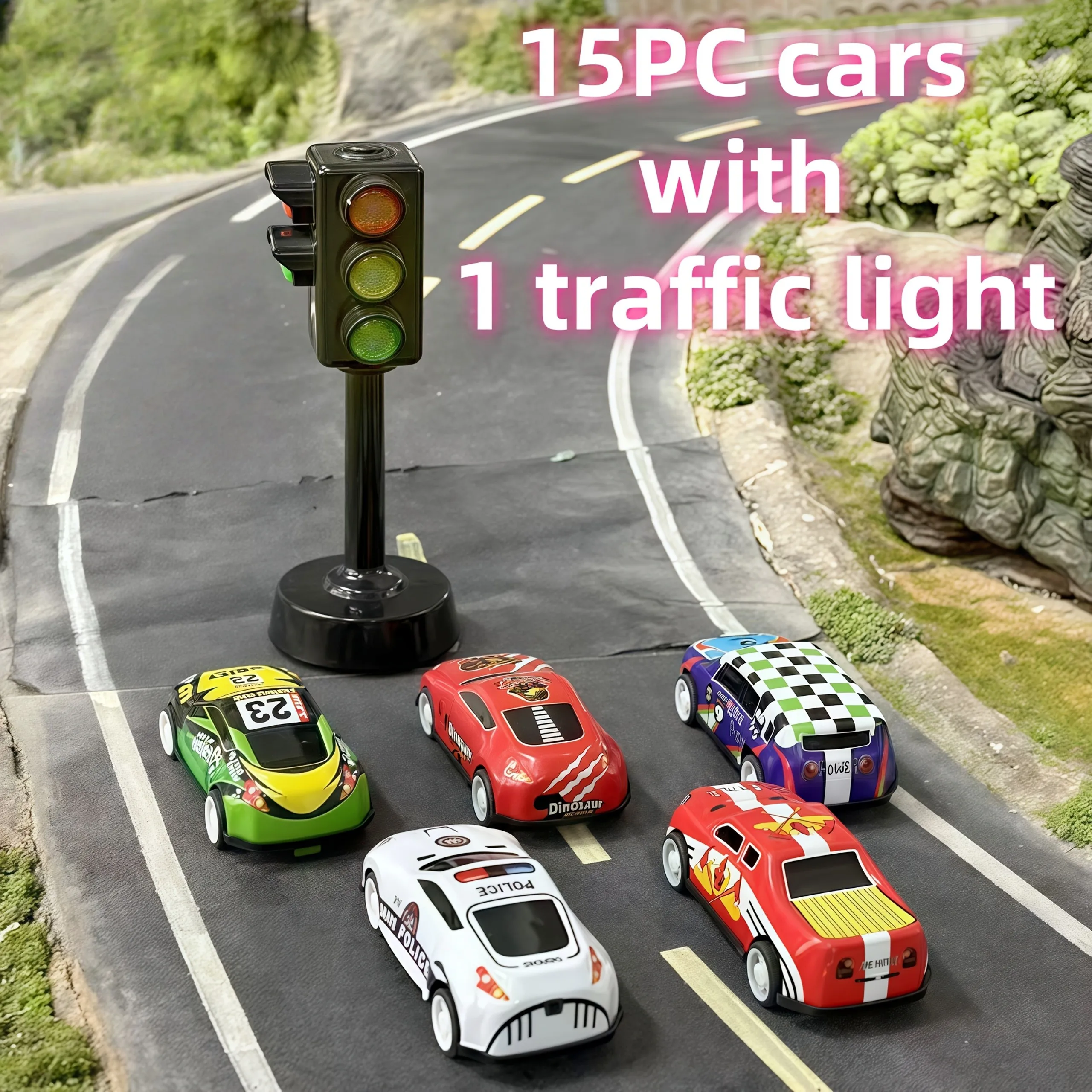 

Kids Traffic Toy Set: 15 Die-Cast Race Cars + 1 Traffic Light with Sound & Light, Educational Pretend Play for Boys & Girls