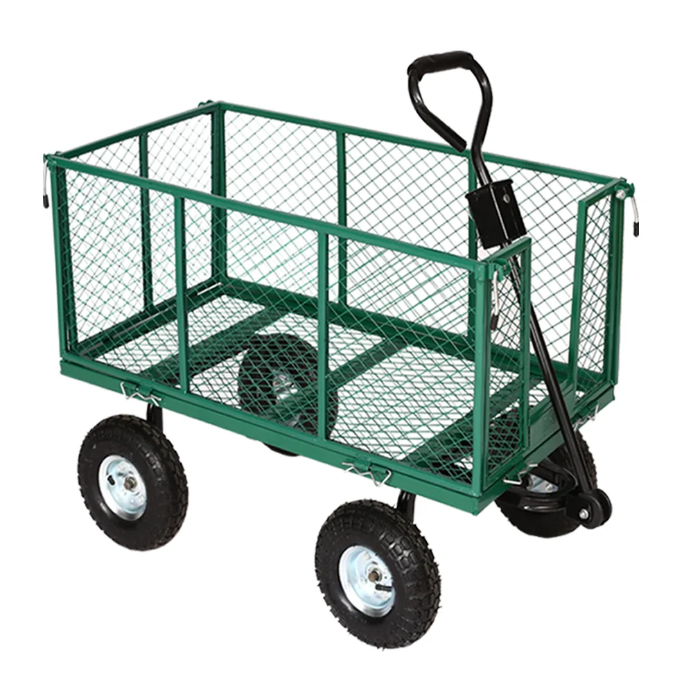 Metal Structure Garden Carts 4 Wheels Mesh Green Hand Truck