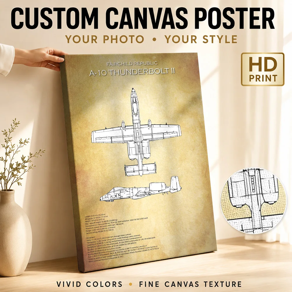 A10 Thunderbolt II Technical Specs Framed Canvas Print Personalized Photo Vintage Monochrome Linework Wall Art For Home Office