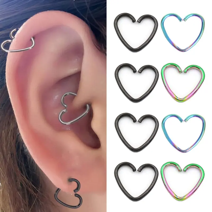 10pcs Stainless Steel Daith Heart Cartilage Tragus Piercings Hoop Lip Nose Rings Orbital Ear Stud Helix Earring Body Jewelry