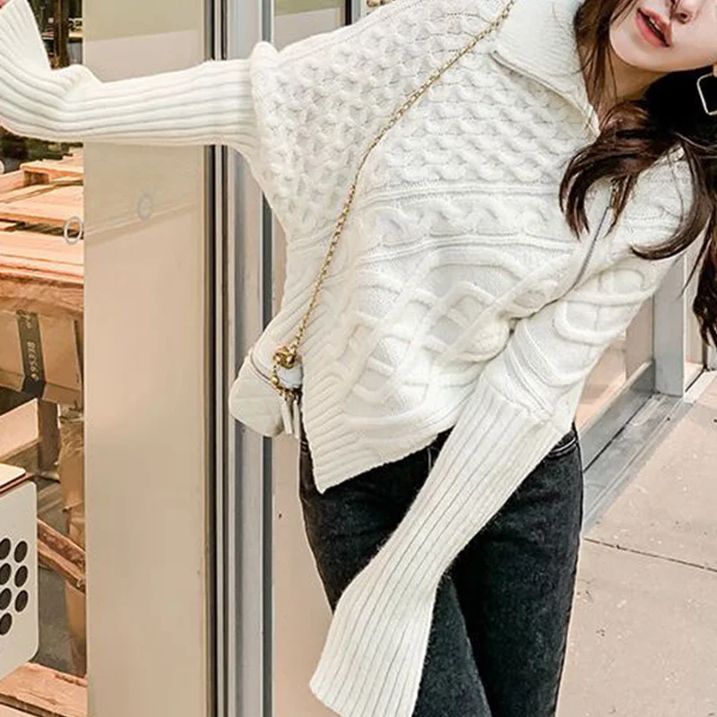 Fashion Solid Color Knitted Zipper Irregular Cardigan Sweaters Female Clothing 2023 Autumn New Asymmetrical Casual Tops