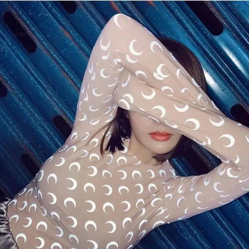 

Женская футболка в американском стиле, повседневная, с лунным принтом, с круглым вырезом, ледяной шелк, светоотражающая, флуоресцентная, облегающая, с длинным рукавом, универсальная