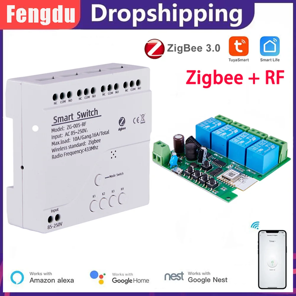 

4CH Zigbee Tuya Smart Home Relay Module 85-250V Relay APP Remote Control Works Gateway Alexa Google Assistant Smart Light Switch