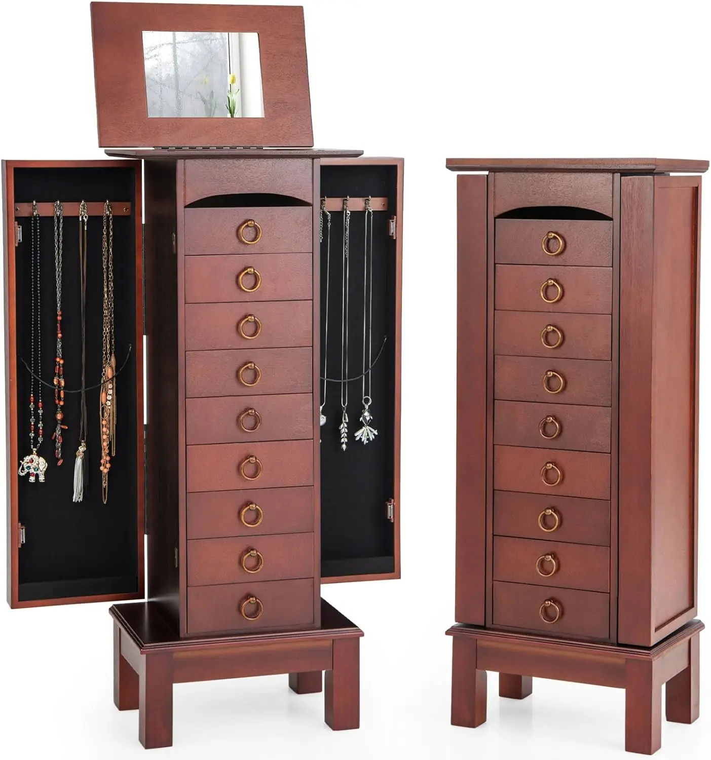 

Jewelry Cabinet Armoire with 9 Drawers, 2 Side Doors, 8 Necklace Hooks, Top Divided Storage Compartments, Makeup Mirror