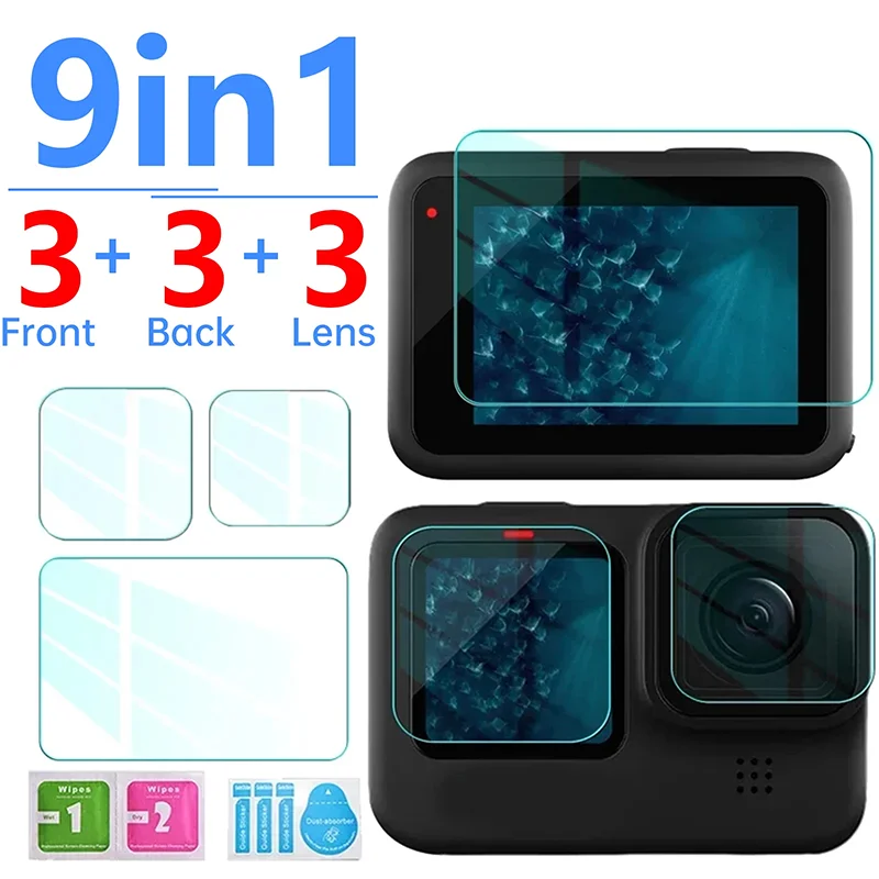 1-9Pcs Black Camera Lens Protective Film for GoPro Hero 12 11 10 9 8 Front Back Screen Glass HD Tempered Glass Screen Protectors