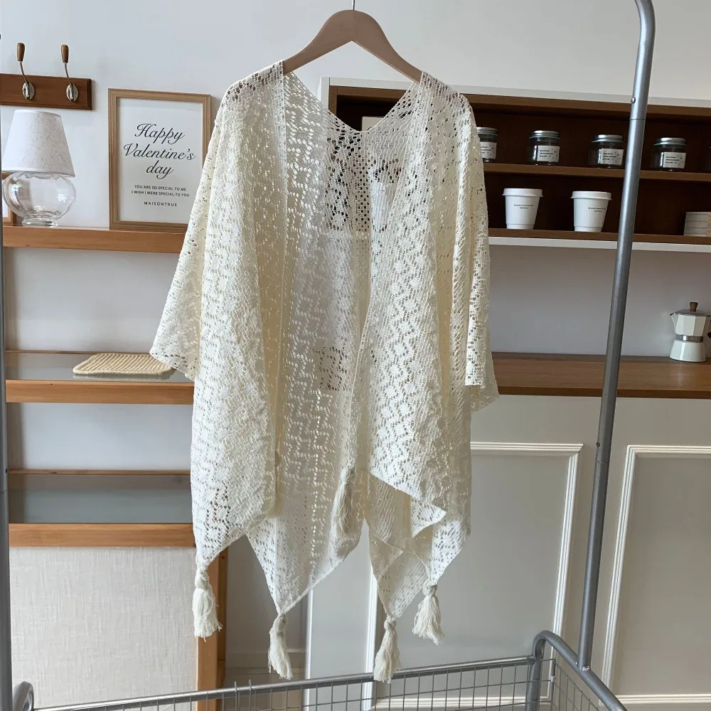

Casual Elegant Ethnic Style Tassel Shawl Colorful Thin Sunscreen Crochet Cardigan Retro Hollow Beach Scarf Women