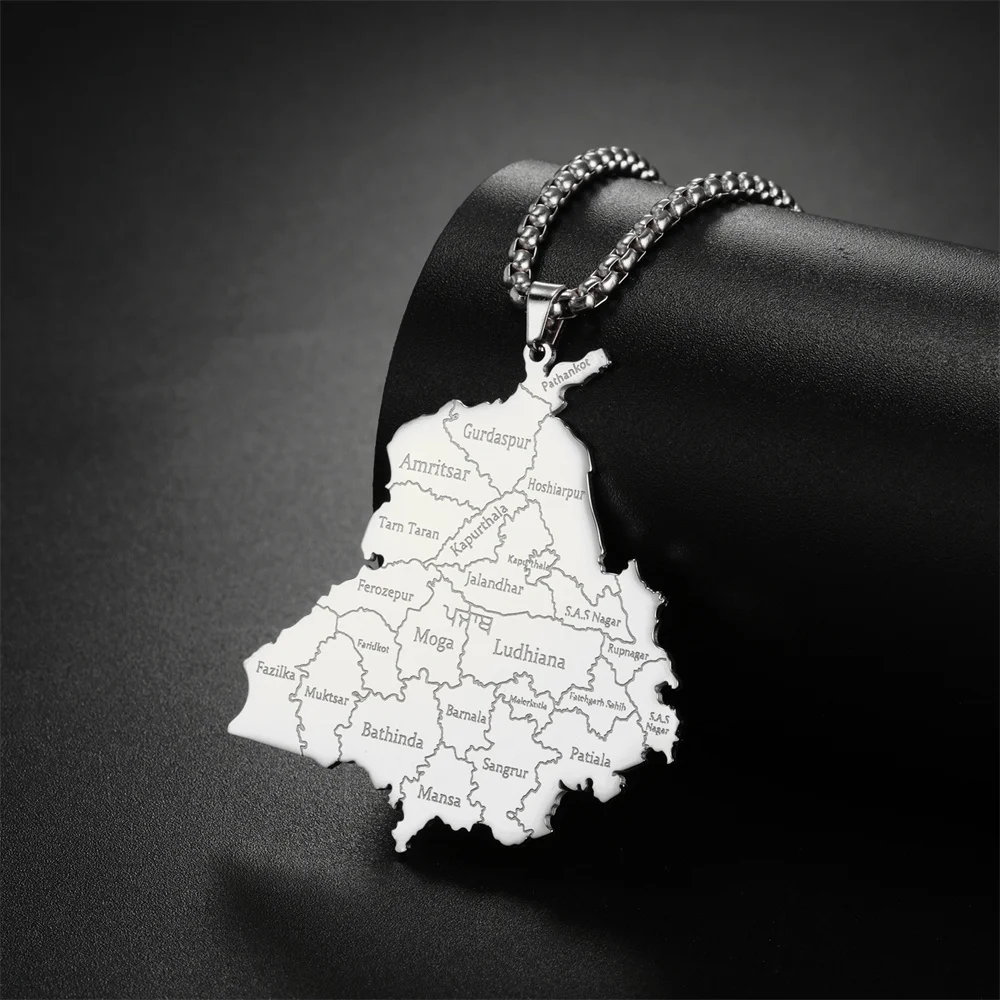 EUEAVAN India Punjab State Map Pendant Necklace for Man Stainless Steel Box Chain Geography Country Necklaces Ethnic Jewelry